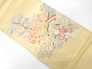 アンティーク　蘇州刺繍　松梅に鶴・橋・紅葉模様袋帯（材料）